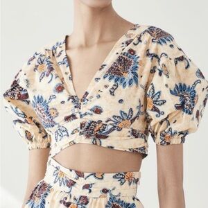 A.L.C. Floral Puff-Sleeve Wrap Crop Top in Cream, Blue and Brown